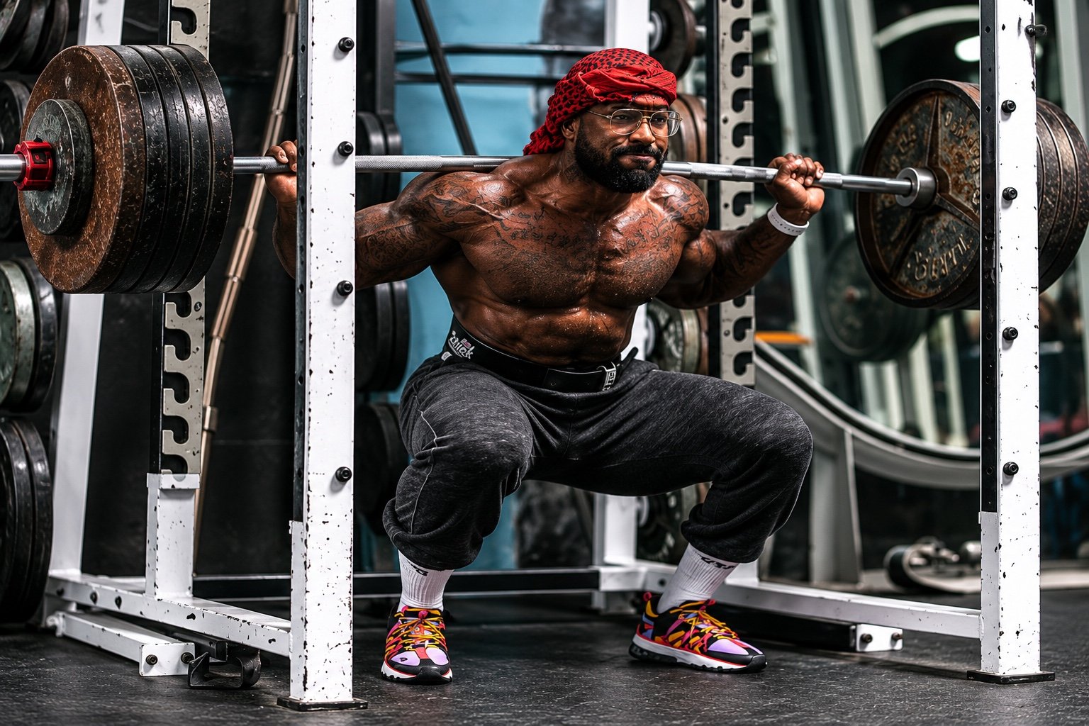 Mike Rashid performing a heavy barbell squat in the gym.