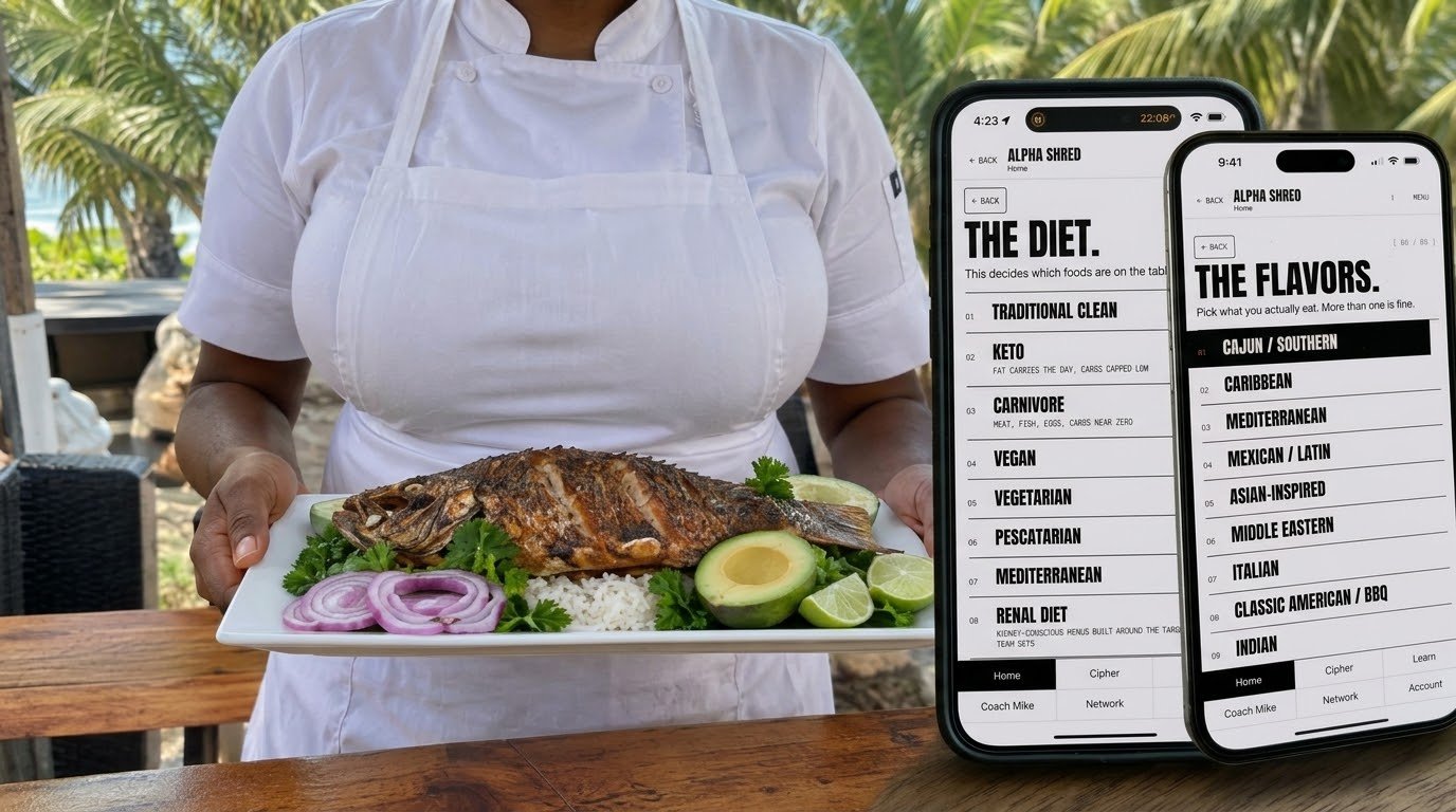 A chef presenting fried fish, rice, avocado, and lime beside phones showing Alpha Shred’s diet and flavor choices.