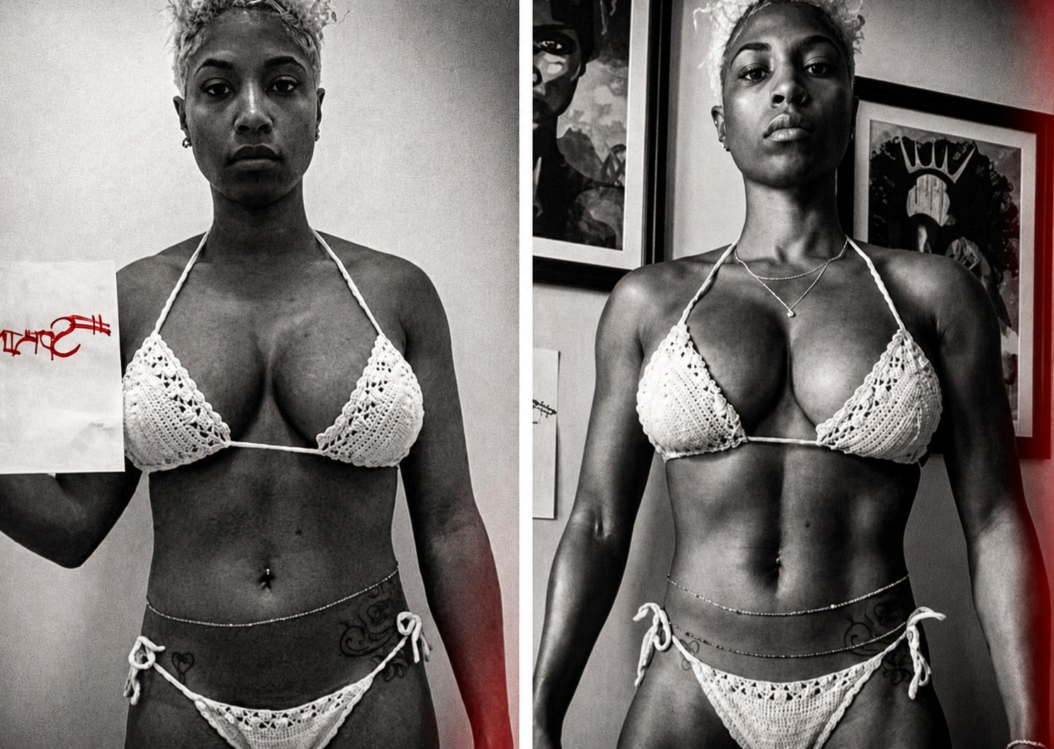 Before-and-after photos of a female Alpha Shred participant with short hair, shown side by side.