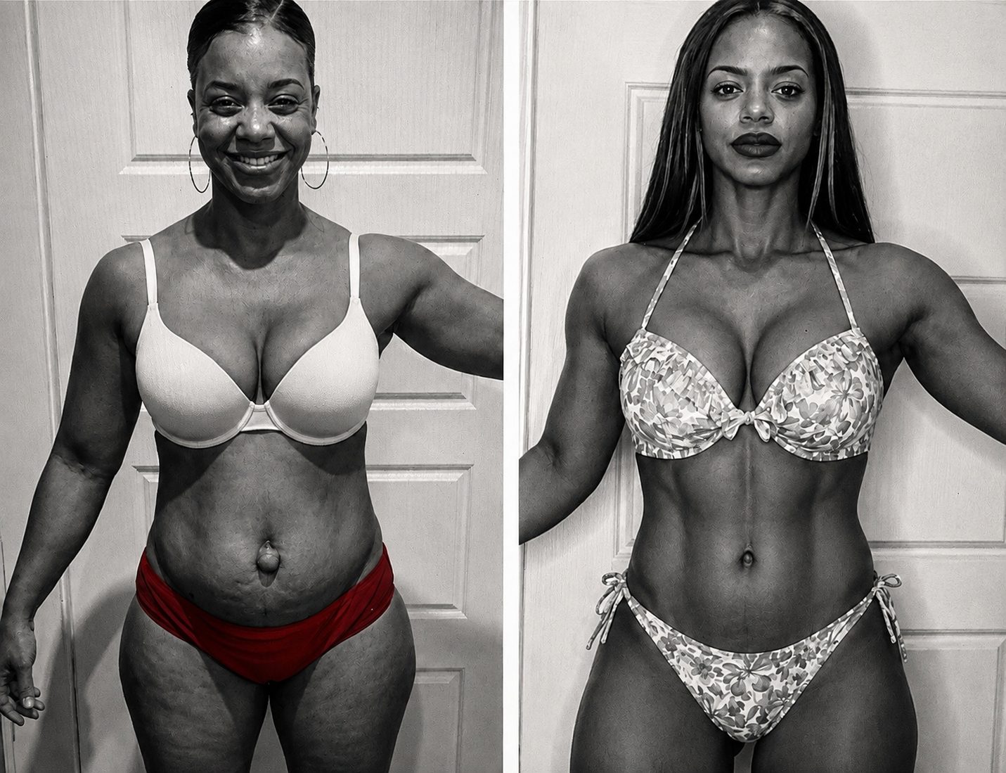 Before-and-after photos of a female Alpha Shred participant standing in front of a door, shown side by side.