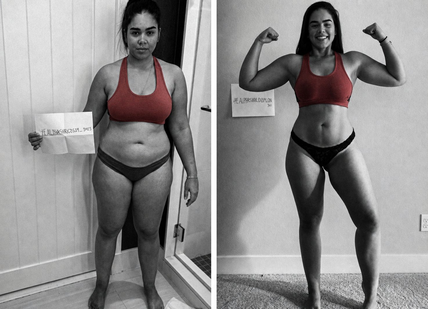 Before-and-after photos of a female Alpha Shred participant in a red sports bra, shown side by side.