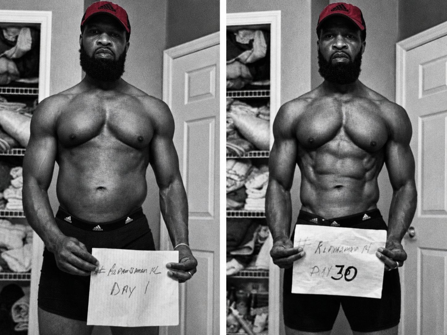 Before-and-after photos of a male Alpha Shred participant wearing a red cap, shown side by side.